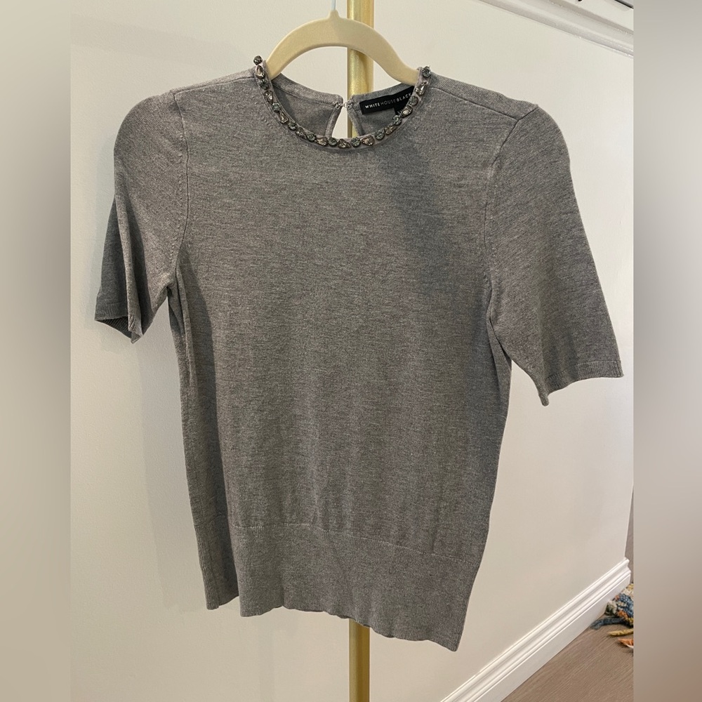 White House Black Market Gray Beaded Short Sleeve Top